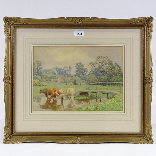 1154 - William Sidney Cooper, watercolour, cattle watering in the stream, signed, 10