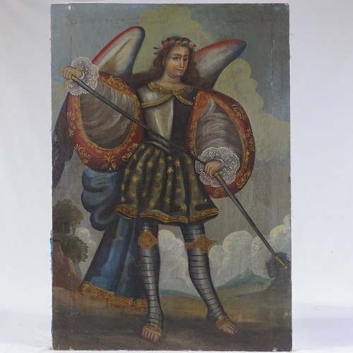 1165 - 20th century South American (Cuzco) School, oil on canvas, angel in armour, 32