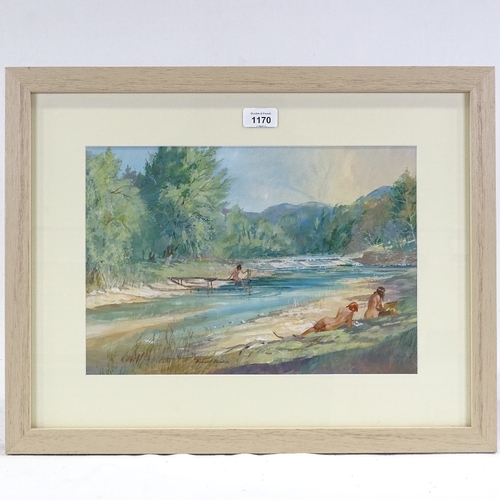 1170 - Robert Bunkin, watercolour, nude bathers at the river, signed, 10