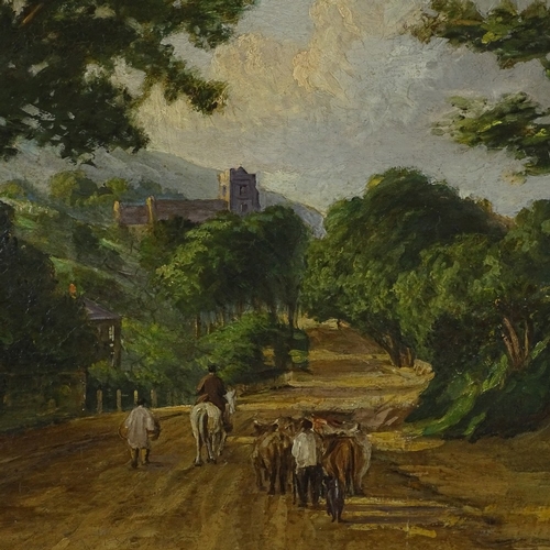 1173 - 19th century oil on board, view of Hastings and All Saints church along The Bourne, unsigned, 17