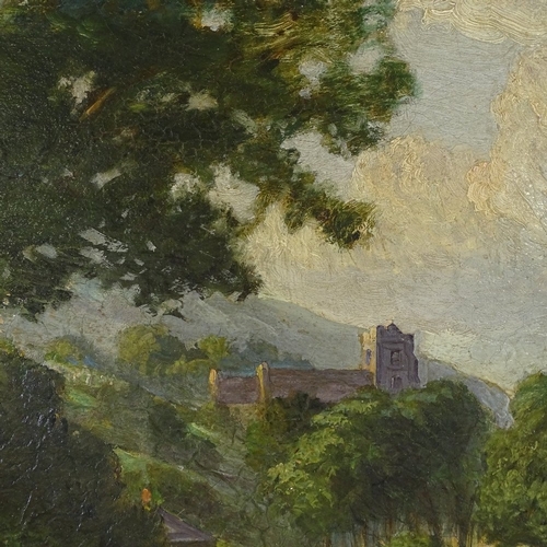 1173 - 19th century oil on board, view of Hastings and All Saints church along The Bourne, unsigned, 17