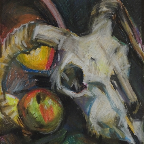 1176 - Modern coloured pastels, still life study, a ram's skull, indistinctly signed, 11.5