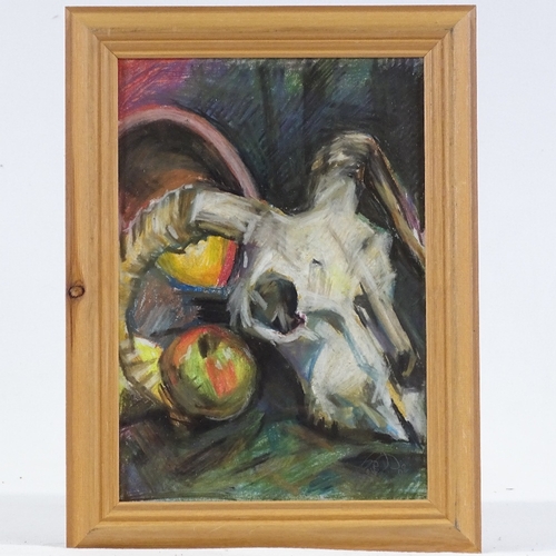 1176 - Modern coloured pastels, still life study, a ram's skull, indistinctly signed, 11.5