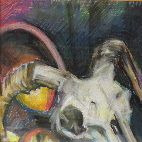 1176 - Modern coloured pastels, still life study, a ram's skull, indistinctly signed, 11.5