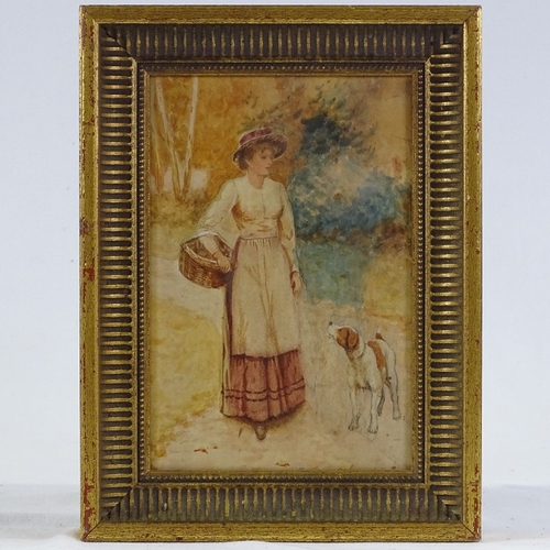 1181 - Manner of David Woodlock (1842 - 1929), watercolour, woman and dog, unsigned, 10.5