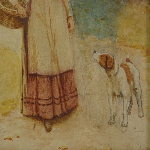 1181 - Manner of David Woodlock (1842 - 1929), watercolour, woman and dog, unsigned, 10.5