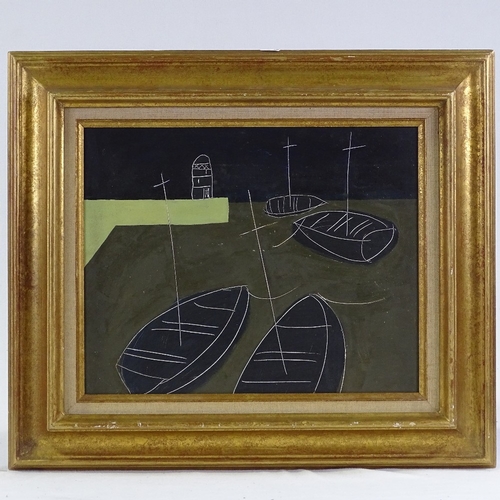 1185 - Oil on board, abstract fishing boats, unsigned, 13