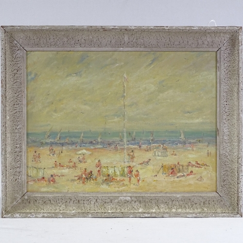 1186 - Oil on board, impressionist beach scene, unsigned, 12