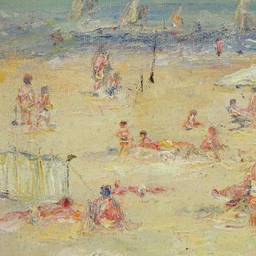 1186 - Oil on board, impressionist beach scene, unsigned, 12