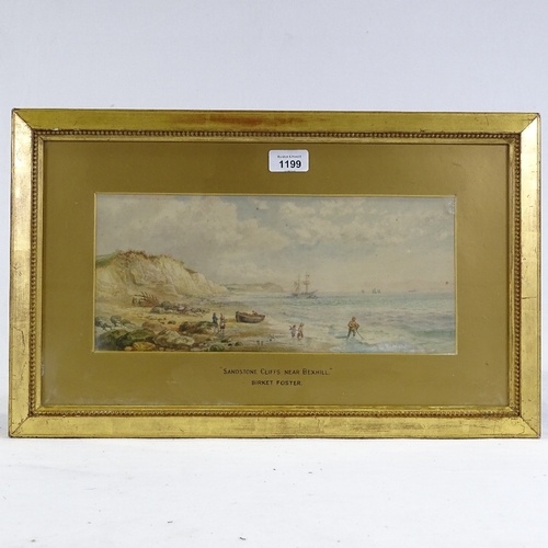 1199 - Attributed to Myles Birket Foster, watercolour, sandstone cliffs near Bexhill, signed with monogram,... 