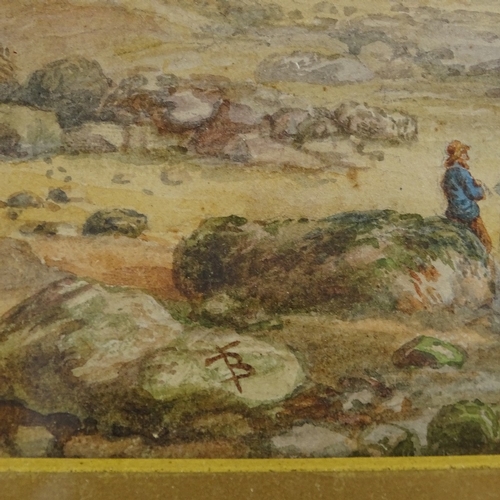 1199 - Attributed to Myles Birket Foster, watercolour, sandstone cliffs near Bexhill, signed with monogram,... 