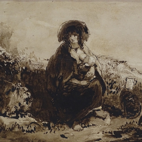 1202 - 18th century monochrome watercolour, woman feeding an infant, unsigned, 10