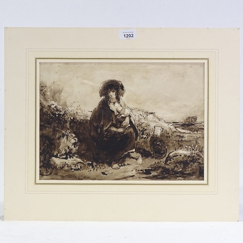 1202 - 18th century monochrome watercolour, woman feeding an infant, unsigned, 10