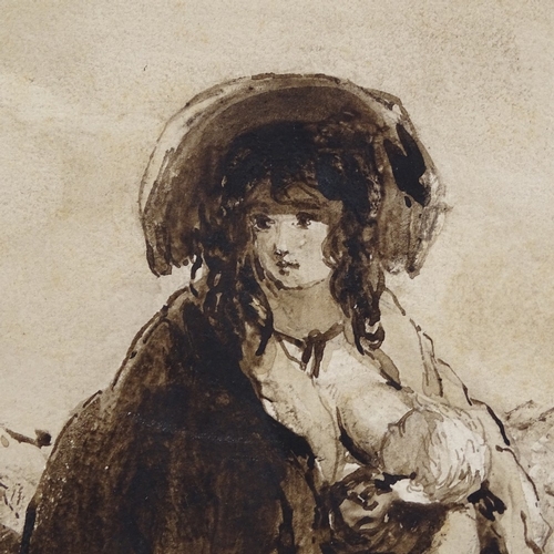 1202 - 18th century monochrome watercolour, woman feeding an infant, unsigned, 10