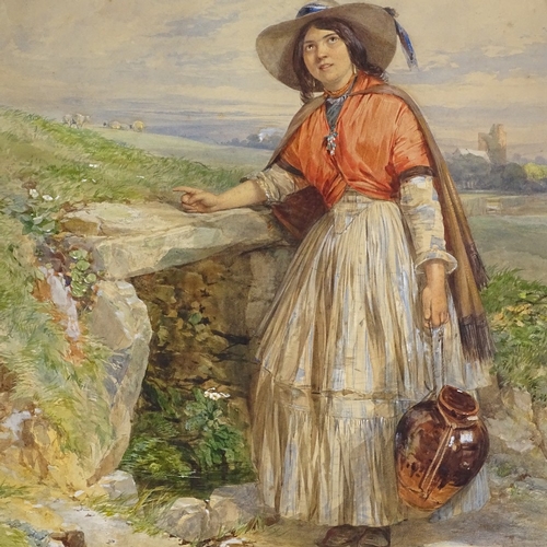 1206 - 19th century watercolour, woman carrying a water flagon, unsigned, 27