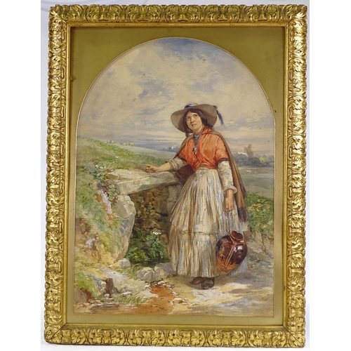 1206 - 19th century watercolour, woman carrying a water flagon, unsigned, 27