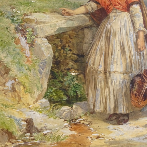 1206 - 19th century watercolour, woman carrying a water flagon, unsigned, 27