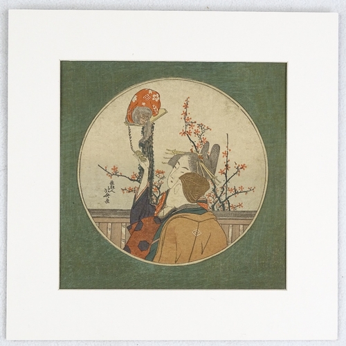 1208 - Hokusai, 19th century Japanese colour woodblock print, Courtesan Entertaining Guest with a Monkey, c... 