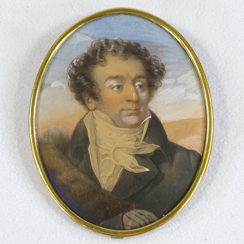 1210 - 19th century Russian School, oval miniature watercolour portrait of a gentleman in a fur-trimmed coa... 