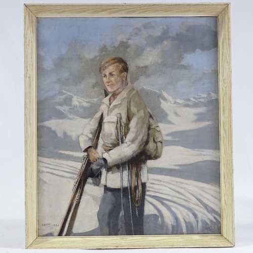 1217 - E Sotre, oil on board, Alpine skier, 1953, signed, 19