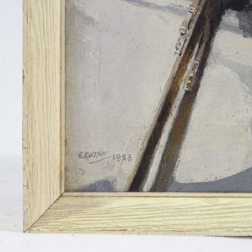 1217 - E Sotre, oil on board, Alpine skier, 1953, signed, 19