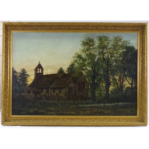 1220 - 19th century oil on canvas, a country church at sunset, signed with monogram WWB, 1897, 24