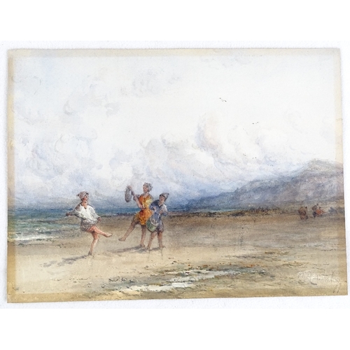 1225 - Attributed to Charles Cattermole, watercolour, figures at the beach, indistinctly signed, titled on ... 