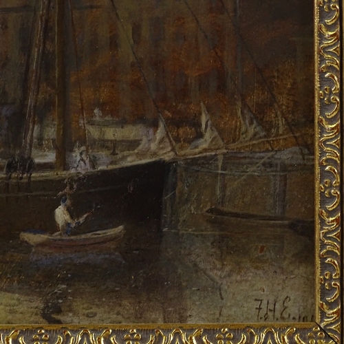 1243 - Late 19th/early 20th century oil on board, docklands scene, signed with monogram FHE, 10