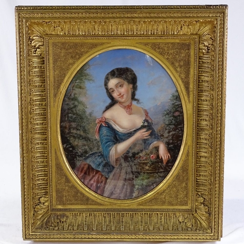 1251 - 19th century reverse painting behind convex glass panel, portrait of a young flower girl, unsigned, ... 