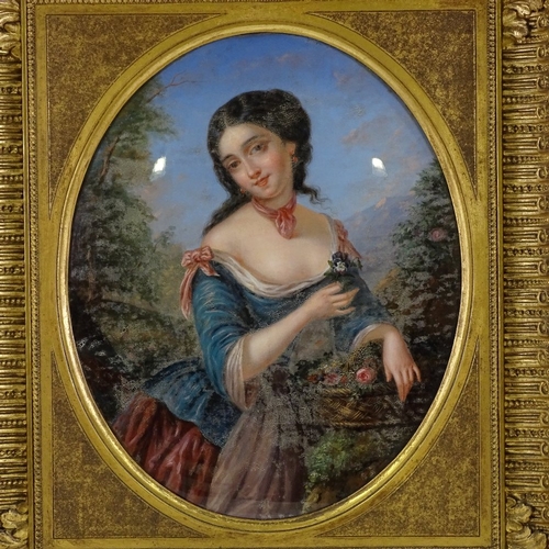 1251 - 19th century reverse painting behind convex glass panel, portrait of a young flower girl, unsigned, ... 