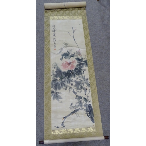 1274 - Chinese School, watercolour scroll painting with text inscription, in silk surround, overall width 2... 