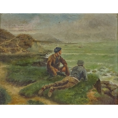 1285 - Late 19th century Scottish School, oil on board, boys looking out to sea, unsigned, 8