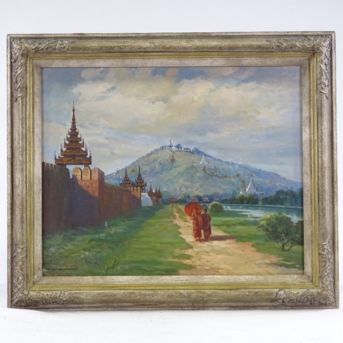 1290 - Kyi Winn (born 1937), oil on canvas, Buddhist temple, signed, 16