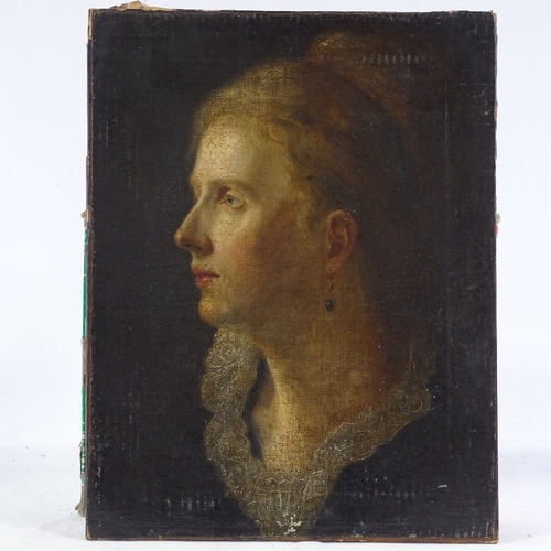 1297 - L Dickenson, oil on canvas, head and shoulders portrait of a woman, signed verso with date 1874, 18