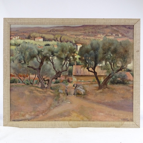 1301 - L Croce, oil on board, olive trees, signed, 17