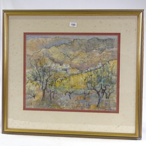 1305 - Watercolour, Continental olive trees La Garnatilla, unsigned, 15