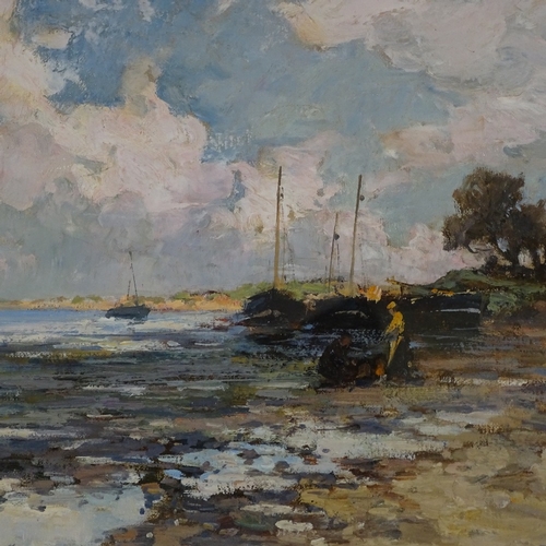 1312 - Early to mid-20th century oil on canvas, impressionist beach scene, indistinctly signed, 12