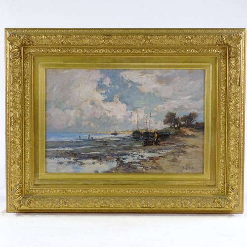 1312 - Early to mid-20th century oil on canvas, impressionist beach scene, indistinctly signed, 12