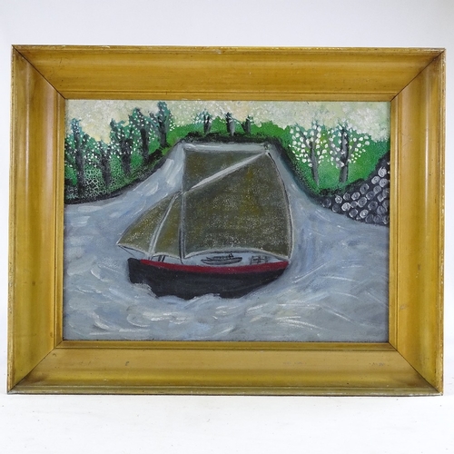 1323 - Modern oil on board, abstract boat, unsigned, 15