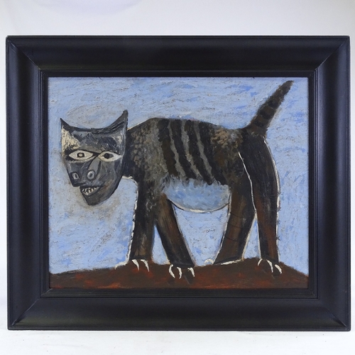 1325 - Modern oil on canvas board, abstract cat, unsigned, 18