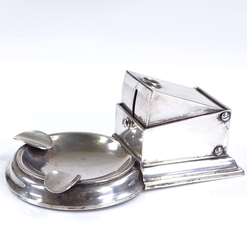 553 - A silver desk smoker's companion, with push-down cigar cutter and 2 place ashtray, by Henry Matthews... 