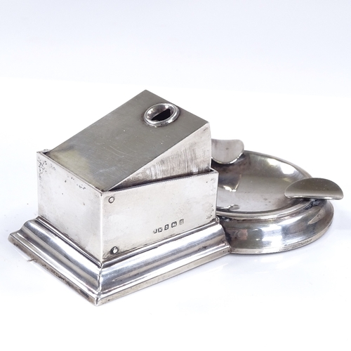 553 - A silver desk smoker's companion, with push-down cigar cutter and 2 place ashtray, by Henry Matthews... 