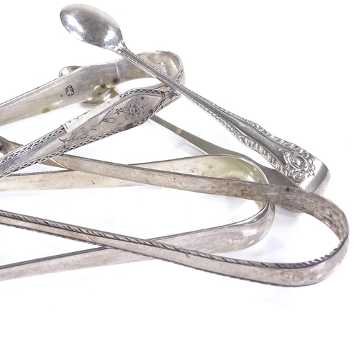 577 - 4 pairs of silver sugar tongs, including Georgian bright-cut floral engraved pair, maker's marks WC,... 