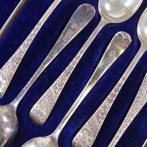 578 - A cased set of Edwardian silver teaspoons, and a pair of sugar tongs, with engraved floral handles, ... 