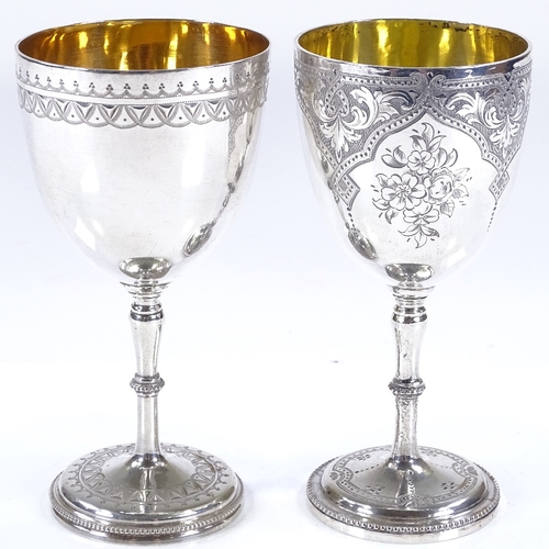 583 - 2 Victorian silver goblets, with engraved decoration and bead-edge foot, and gilt interior, by Henry... 