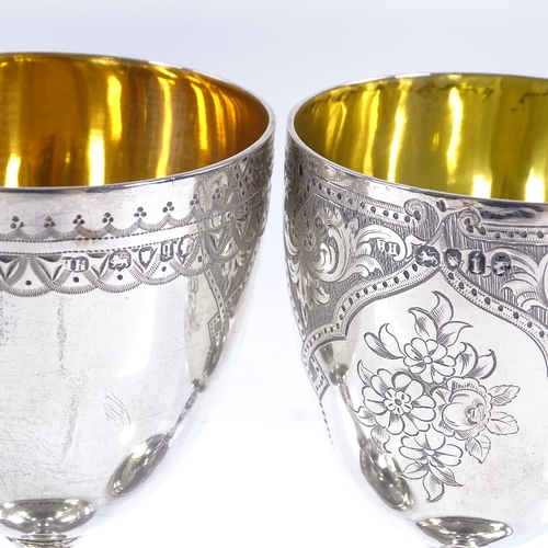 583 - 2 Victorian silver goblets, with engraved decoration and bead-edge foot, and gilt interior, by Henry... 