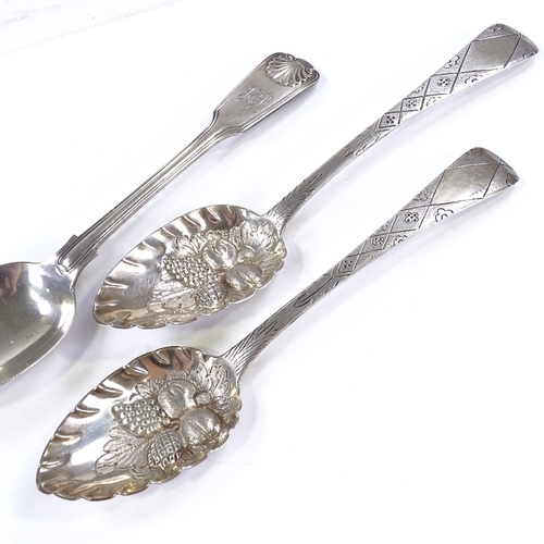 591 - A pair of Georgian silver berry spoons, by Jonathan Hayne, hallmarks London 1829, together with a Vi... 