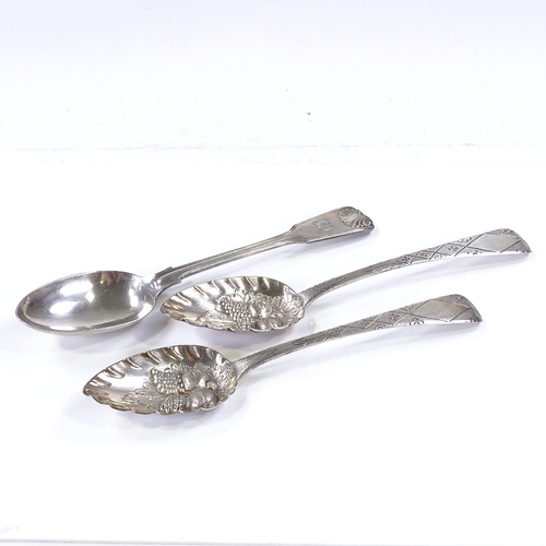 591 - A pair of Georgian silver berry spoons, by Jonathan Hayne, hallmarks London 1829, together with a Vi... 