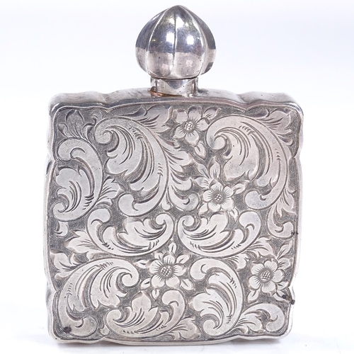 594 - A small square sterling silver perfume bottle, with all over engraved foliate and floral body, and s... 