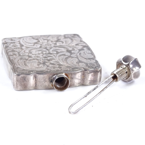 594 - A small square sterling silver perfume bottle, with all over engraved foliate and floral body, and s... 